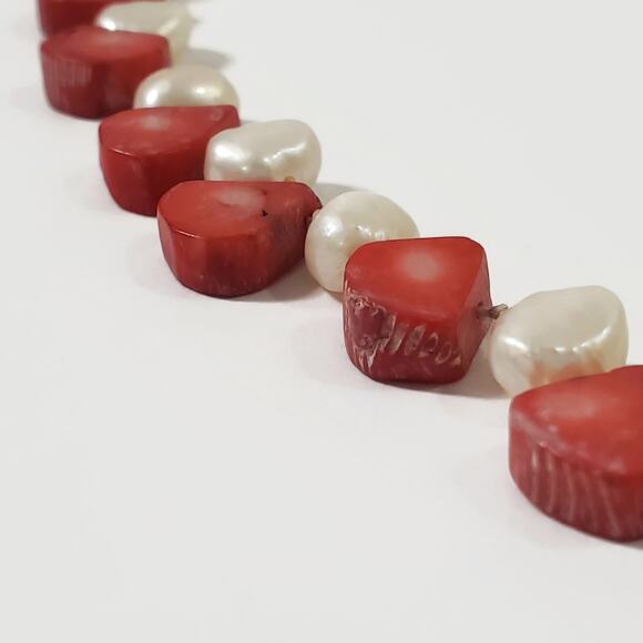 Freshwater Pearl & Teardrop Shaped Red Coral Bead Sterling Silver Necklace 20" - Picture 7 of 9